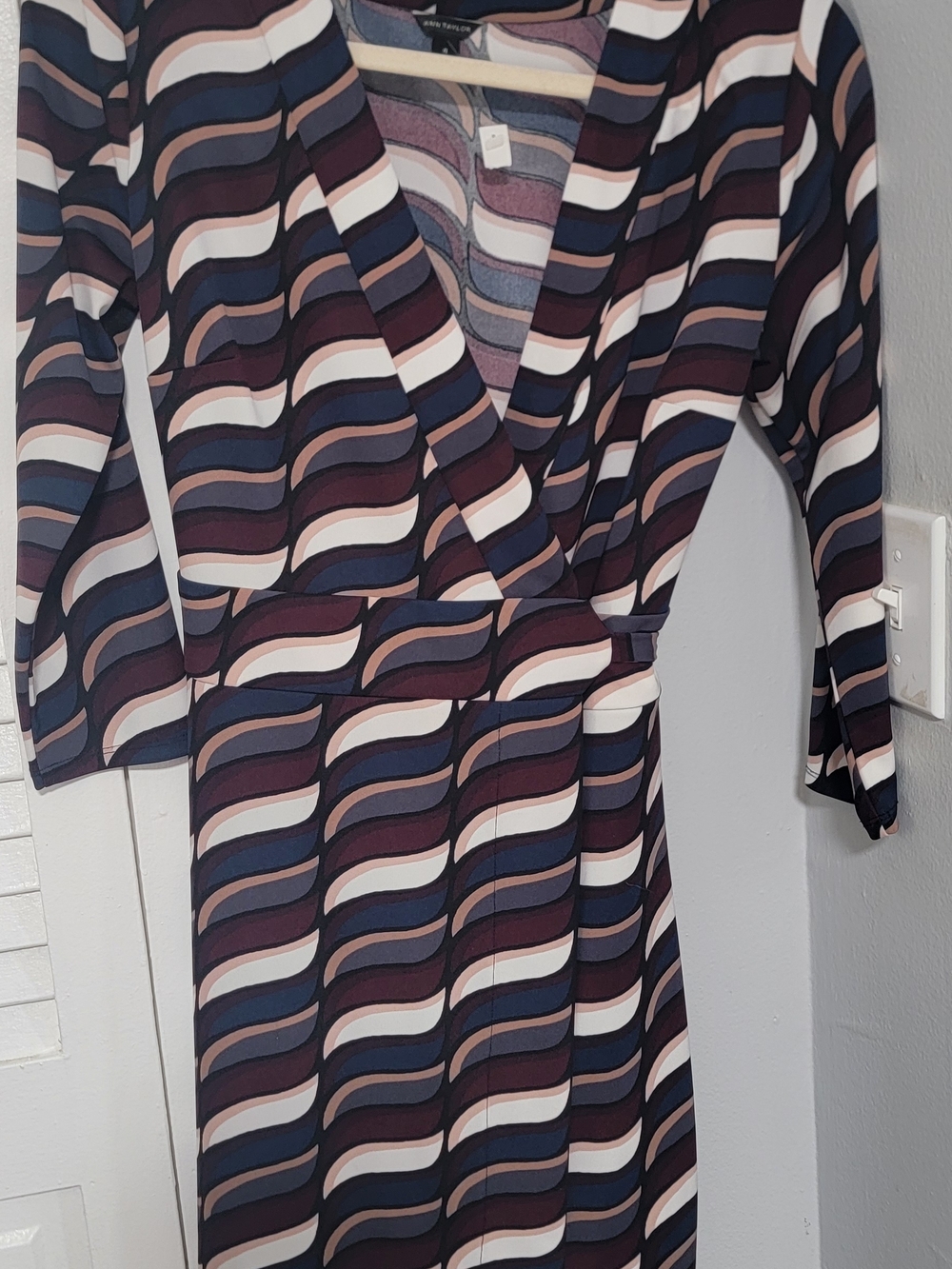 Ann Taylor Long Sleeve Wave-Stripe Wrap Dress in Navy, Burgundy & Cream